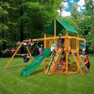 Gorilla Playsets Chateau Wooden Swing Set with Green Vinyl Canopy, Rock Climbing Wall, and Alpine Wave Slide